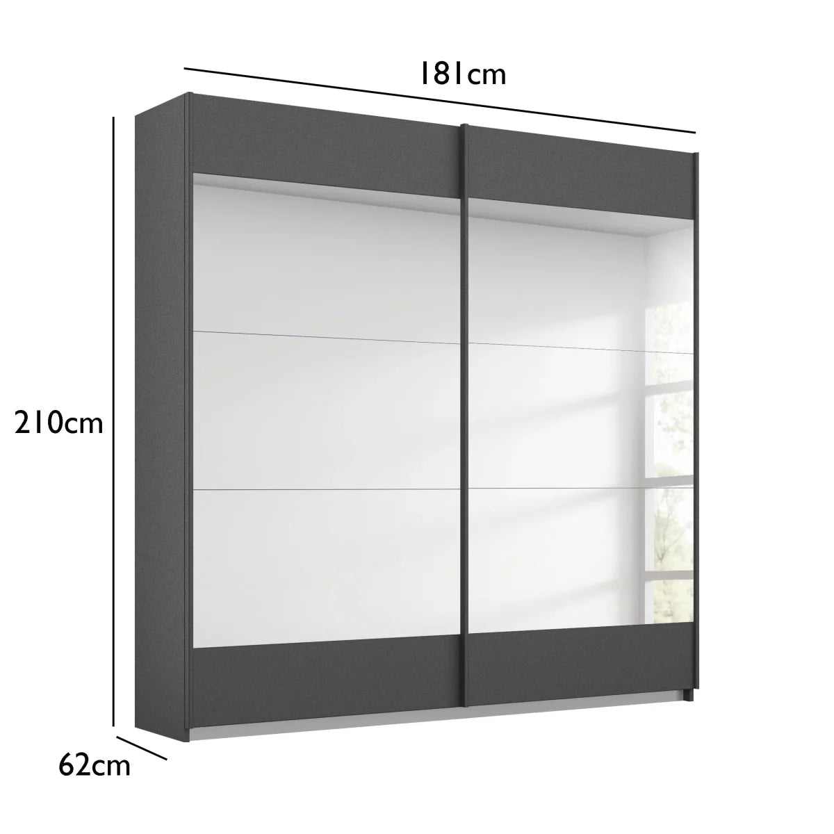 Mali 181cm Graphite & Mirror Sliding Door Wardrobe - Dimensions