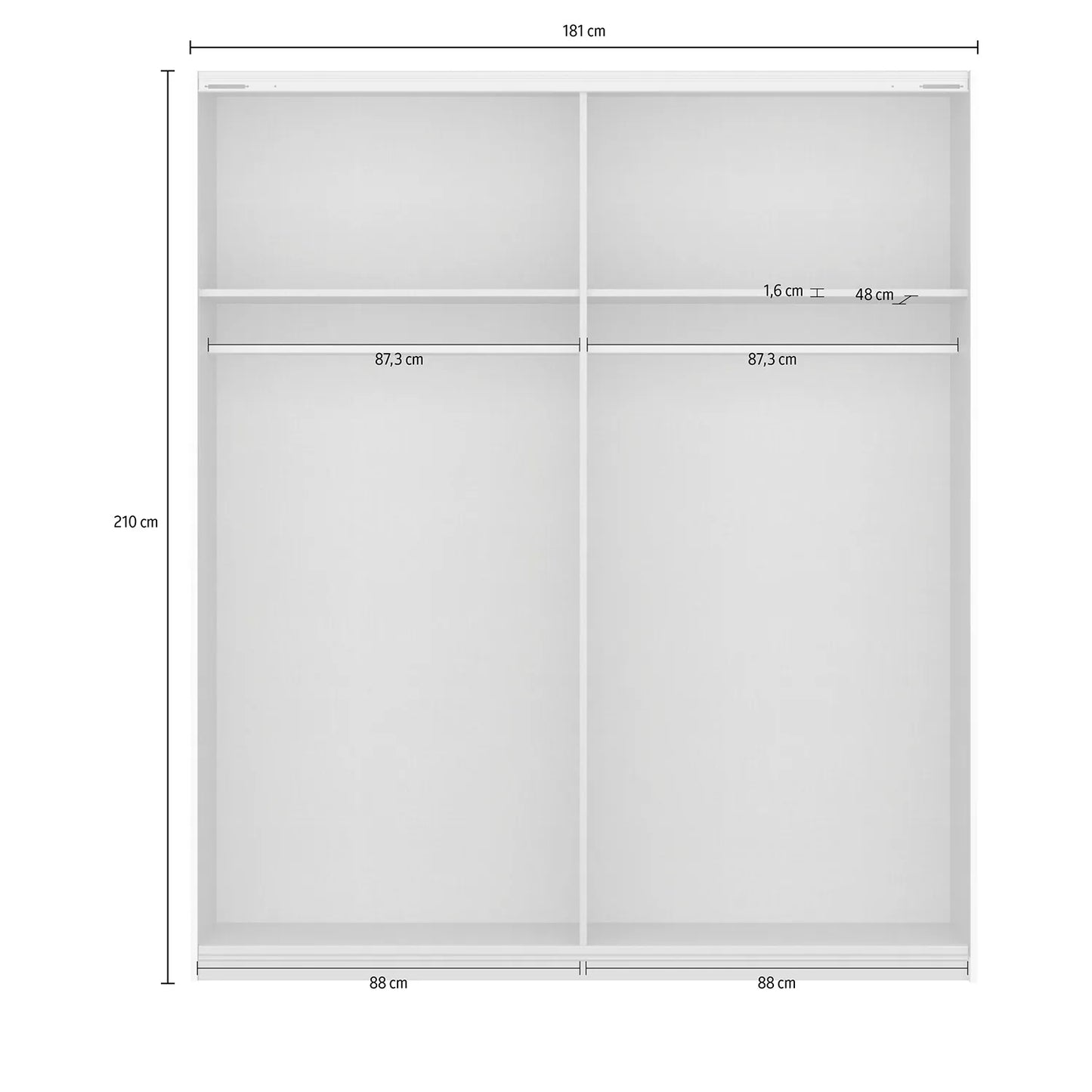 Mali 181cm Graphite & Mirror Sliding Door Wardrobe - Interior view with Dimensions