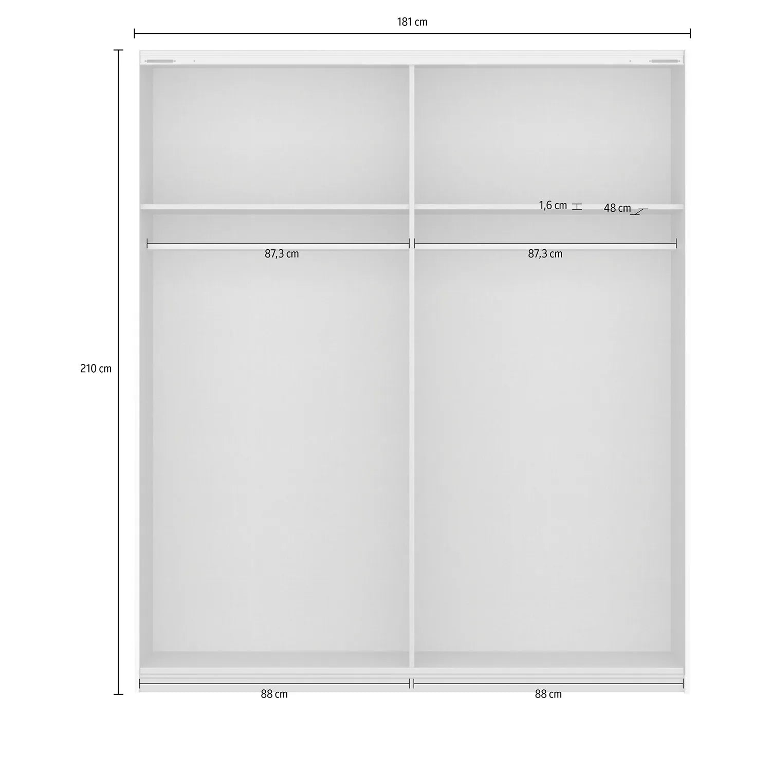 Mali 181cm Graphite & Mirror Sliding Door Wardrobe - Interior view with Dimensions
