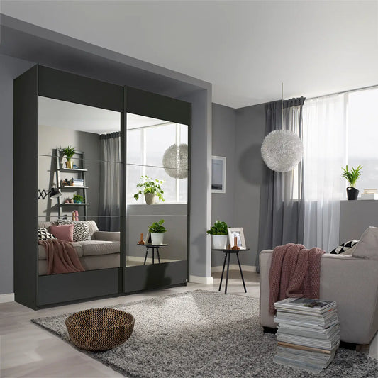 Mali 181cm Graphite & Mirror Sliding Door Wardrobe - Styled in a Bedroom