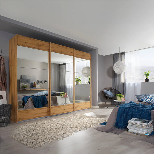 Mali Artisan Oak 3 Sliding door Wardrobe with Mirror - Styled in a Bedroom