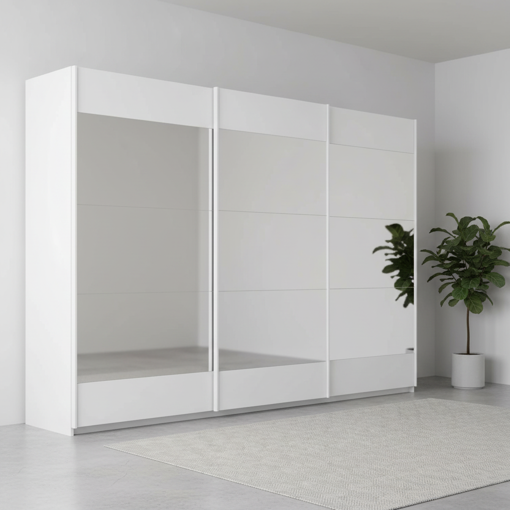Malibu 271cm mirrored sliding wardrobe shown in white with the bands at the top and bottom of each door