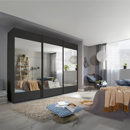 Large German-made Rauch Malibu sliding wardrobe, 271cm wide, with three-panel mirrored doors. Choose metallic grey or white. Free delivery.