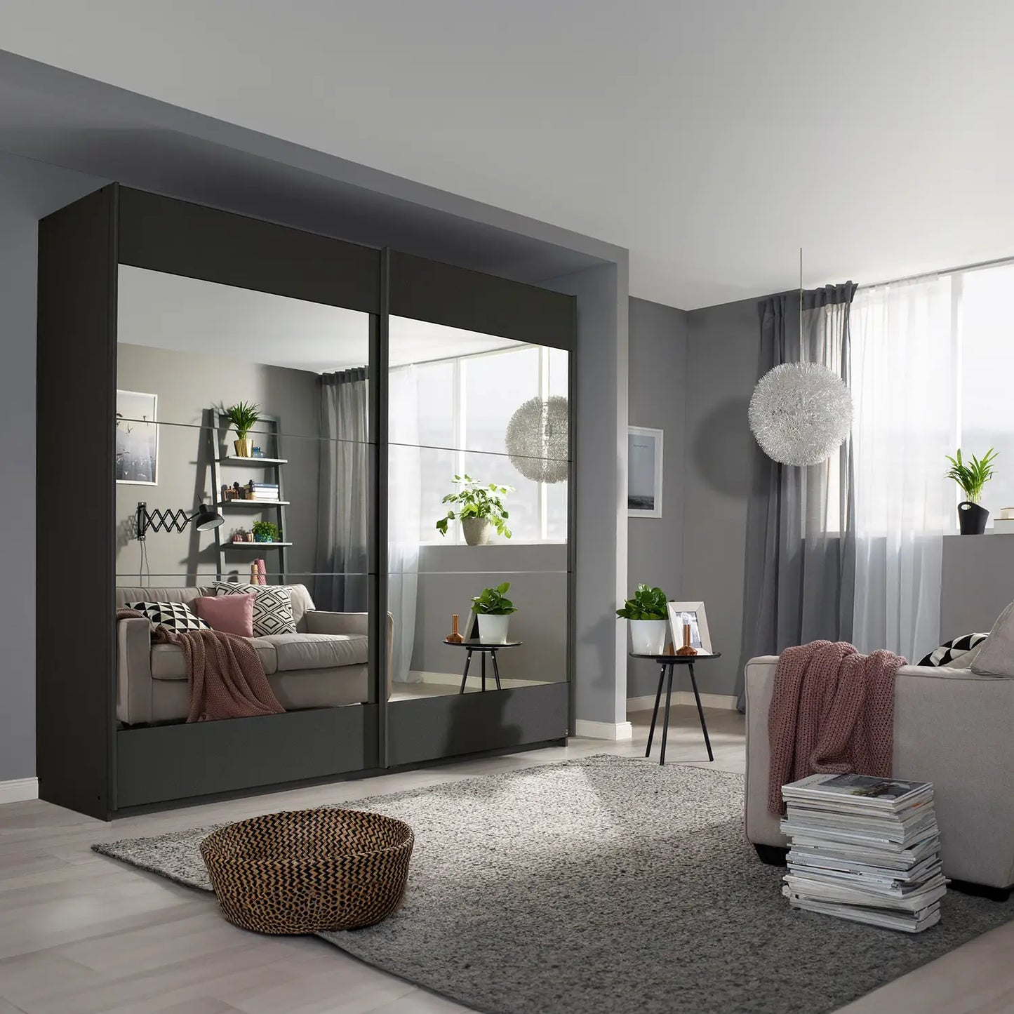 Mali Graphite & Mirror Sliding Door Wardrobe - Styled in a Bedroom