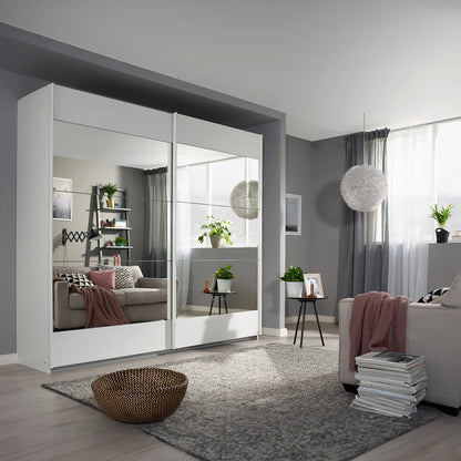 German-made Rauch Malibu sliding wardrobe in white with three-panel mirrored doors. Choose 181cm or 226cm wide. Free delivery.