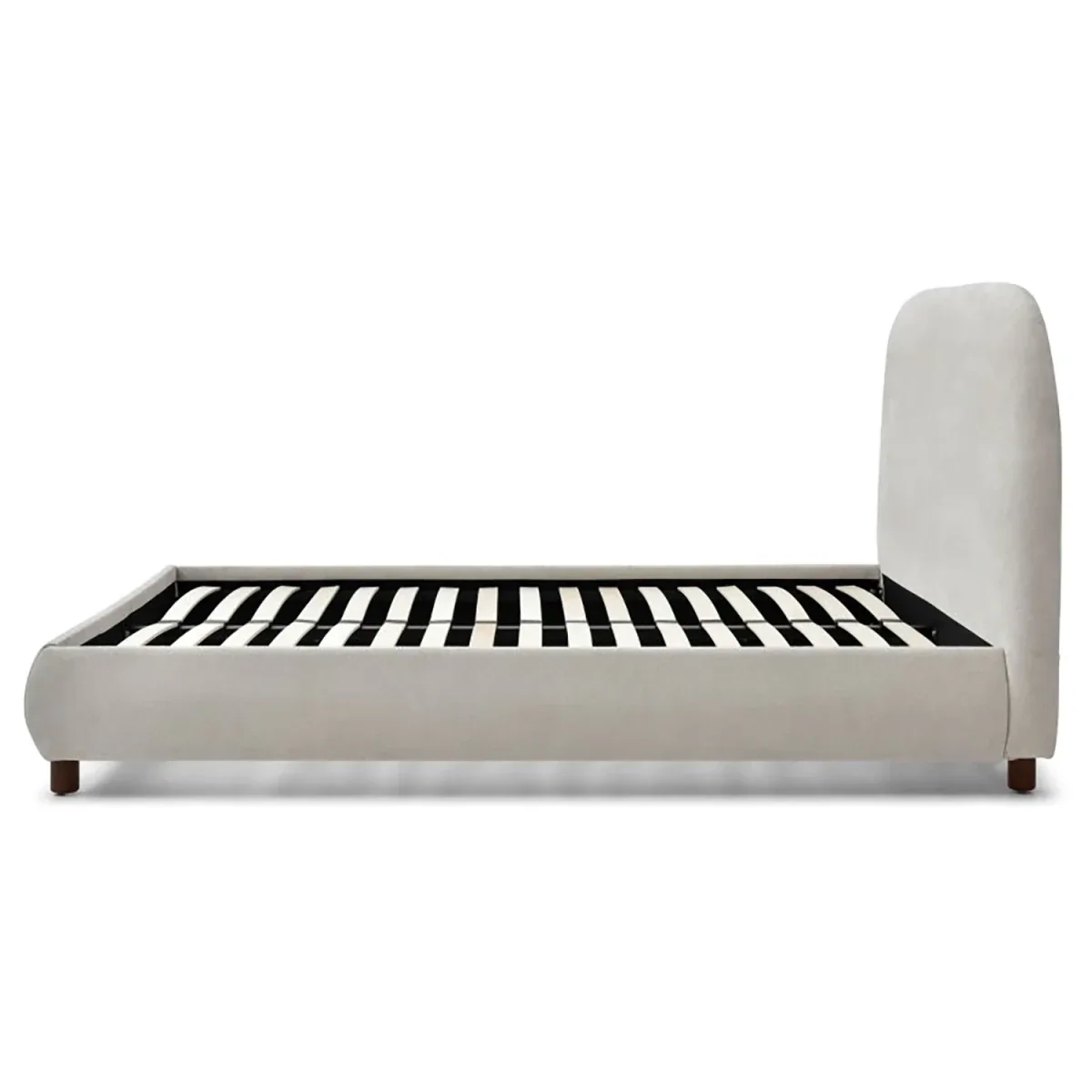 Mallow Natural Boucle Fabric Upholstered Bed with Walnut Legs - Side View 