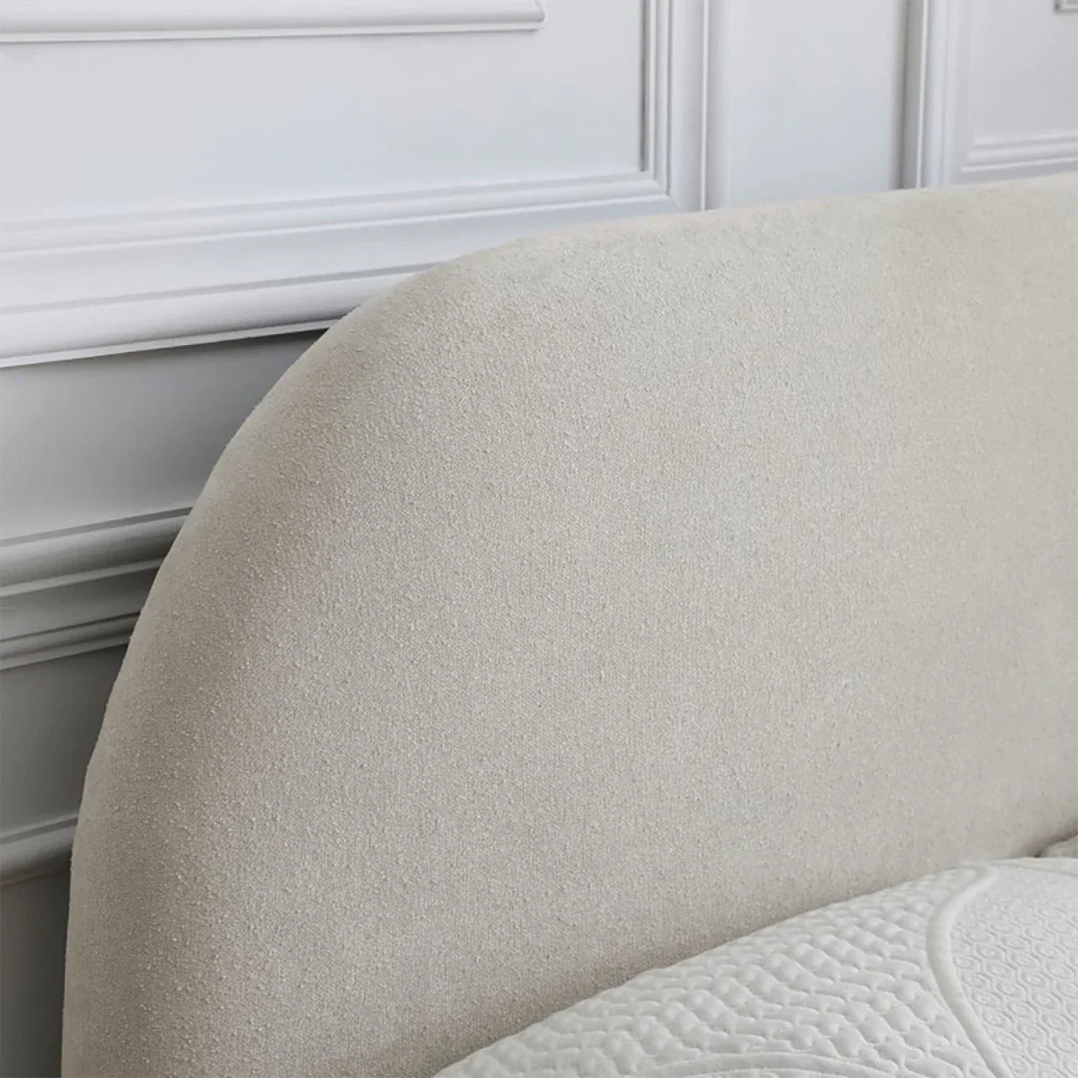Close Up of Headboard on the Mallow Fabric Upholstered Bed with Walnut Legs
