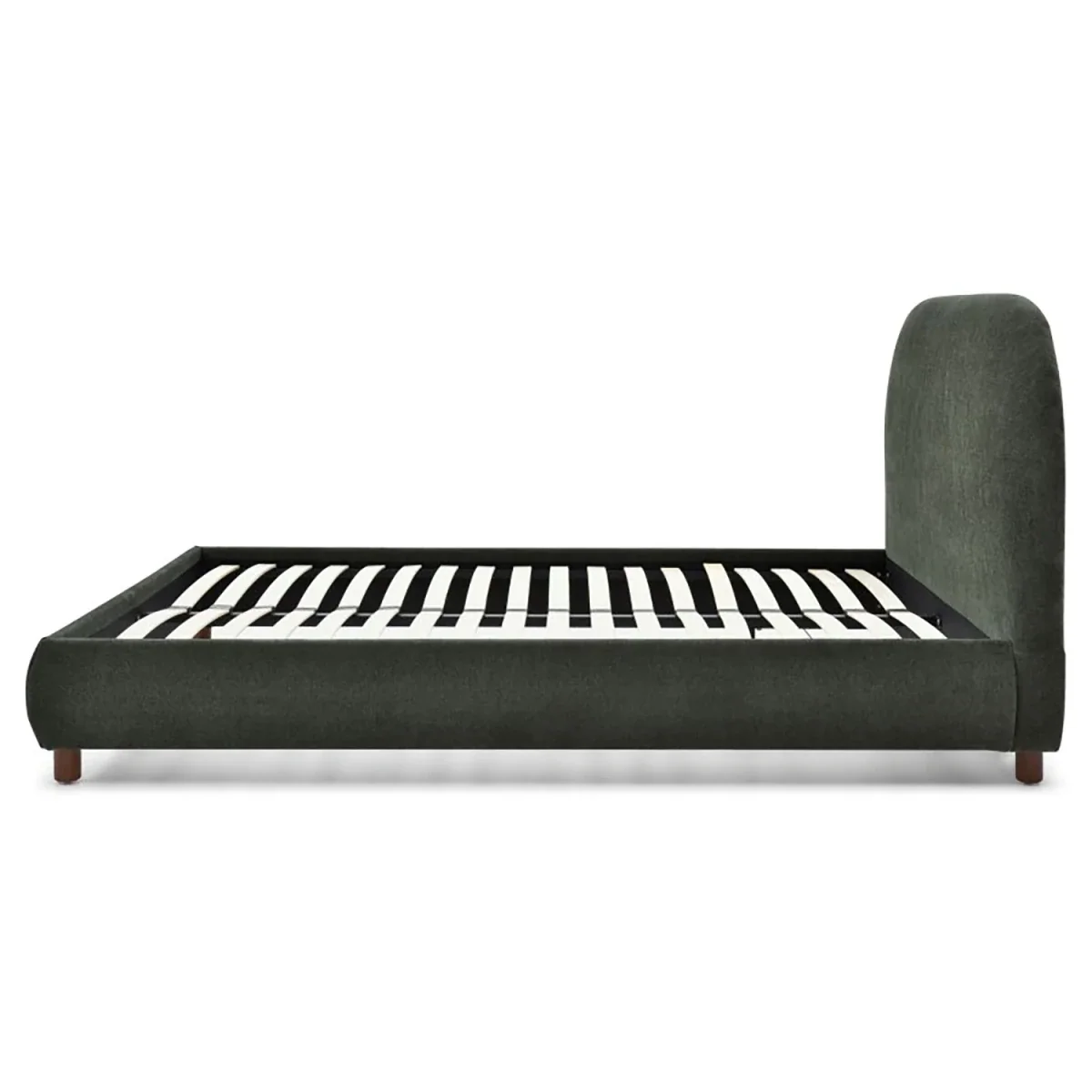 Mallow Olive Boucle Fabric Upholstered Bed with Walnut Legs - Side View 