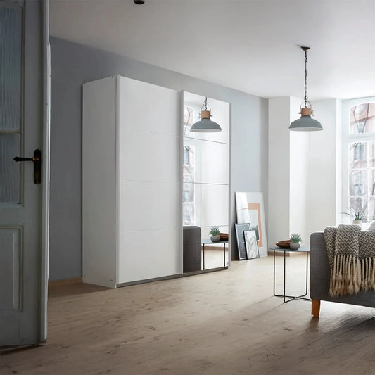 Memphis White Sliding Door Wardrobe with Mirror W181cm - Styled in a Bedroom