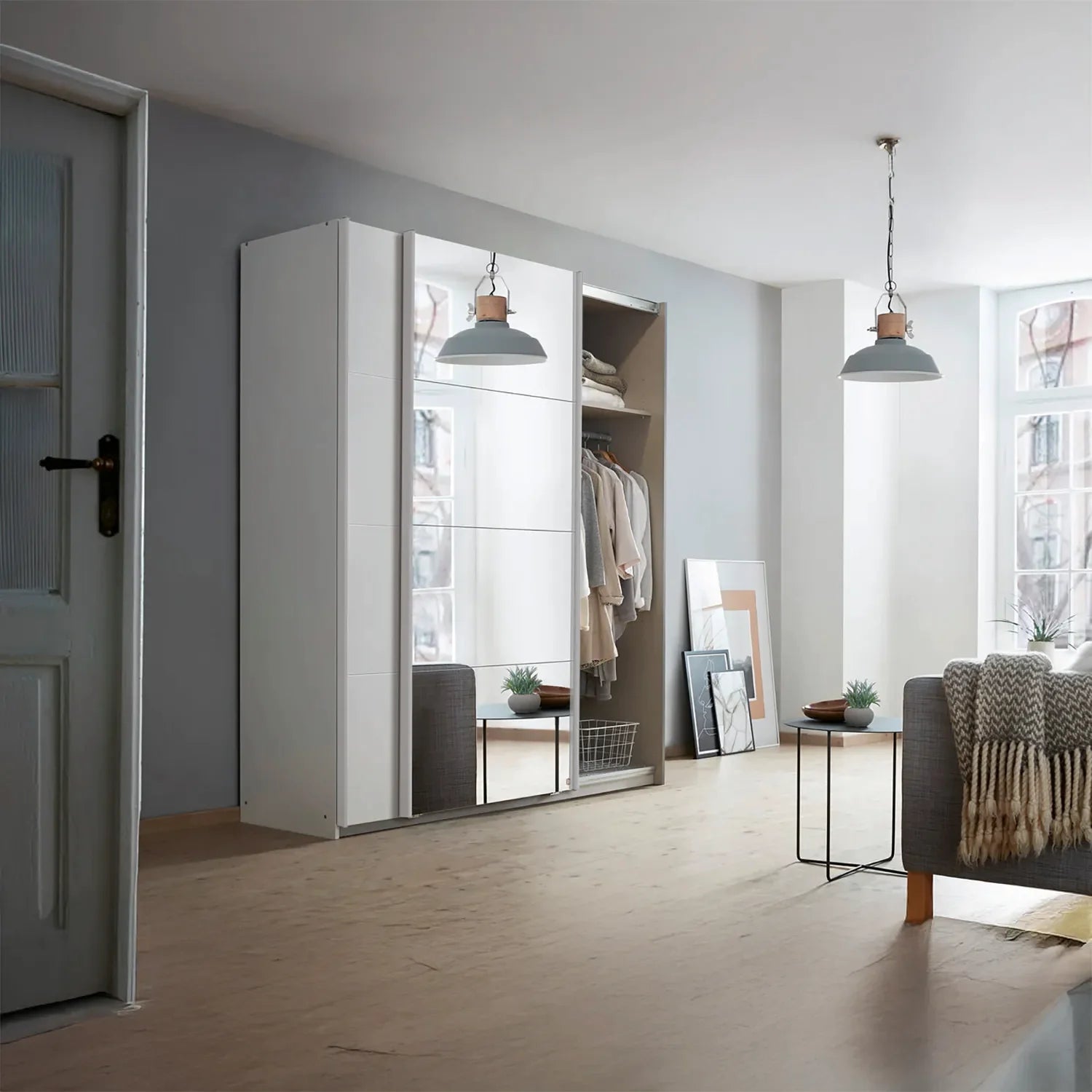 Memphis White Sliding Door Wardrobe with Mirror W181cm - Styled in a Bedroom