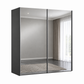 A modern sliding wardrobe or closet door system with dark gray side panels and large mirrored doors, shown against a plain white background. The mirrored surface reflects a neutral gray room interior with curtains and a window.
