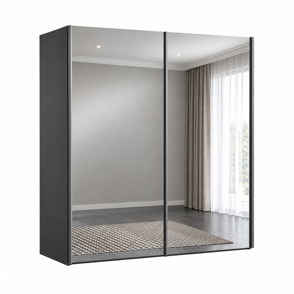 A modern sliding wardrobe or closet door system with dark gray side panels and large mirrored doors, shown against a plain white background. The mirrored surface reflects a neutral gray room interior with curtains and a window.