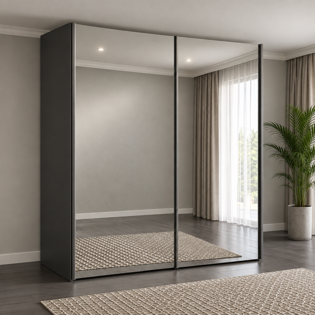 A modern Wiemann Oxford wardrobe or closet with two large mirrored sliding doors and dark side panels, shown installed in a minimalist bedroom with beige walls, curtains, wood flooring, and a potted plant.