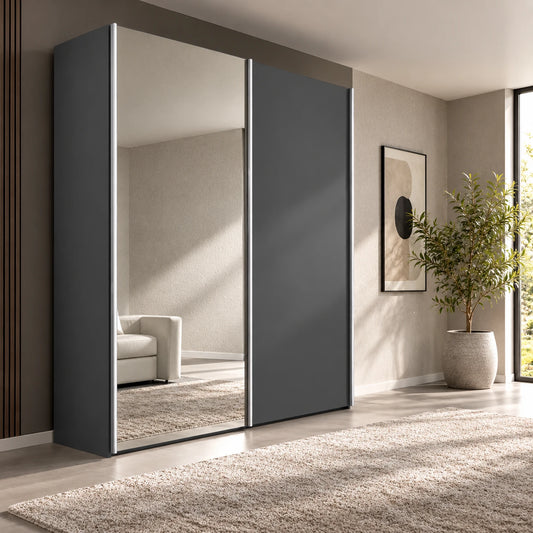 Wiemann Miami 2 Door 1 Decor, 1 Mirror Sliding Wardrobe in Graphite styled in a modern bedroom