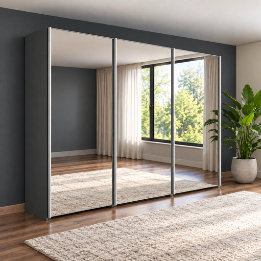 Wiemann Miami 3 Door Full Mirror Sliding Wardrobe in Graphite styled in a modern bedroom