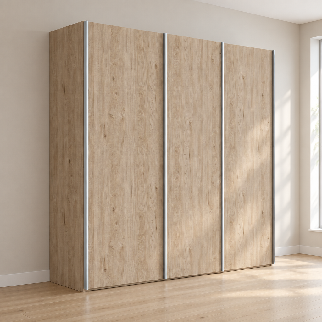A three-door wardrobe or closet cabinet with light oak wood grain doors and slim silver metal edge trim, shown at a three-quarter angle on a plain white background.
