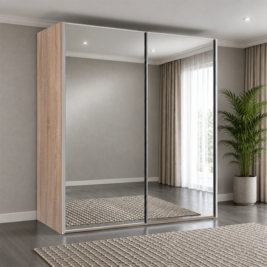 Wiemann Oxford 2 Door Full Mirror Sliding Wardrobe in Rustic Oak styled in a modern bedroom