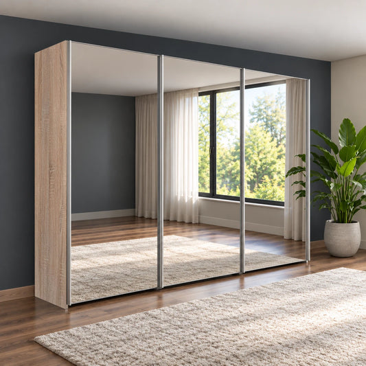 Wiemann Oxford 3 Door Mirror Sliding Wardrobe in Rustic Oak styled in a modern bedroom