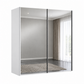 A modern sliding wardrobe or closet door system with white side panels and two large mirrored doors, shown in a rendered room interior with gray walls, curtains, a window, and a rug.