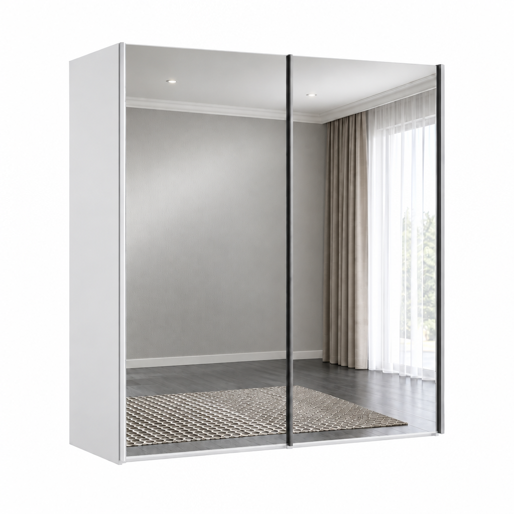 A modern sliding wardrobe or closet door system with white side panels and two large mirrored doors, shown in a rendered room interior with gray walls, curtains, a window, and a rug.