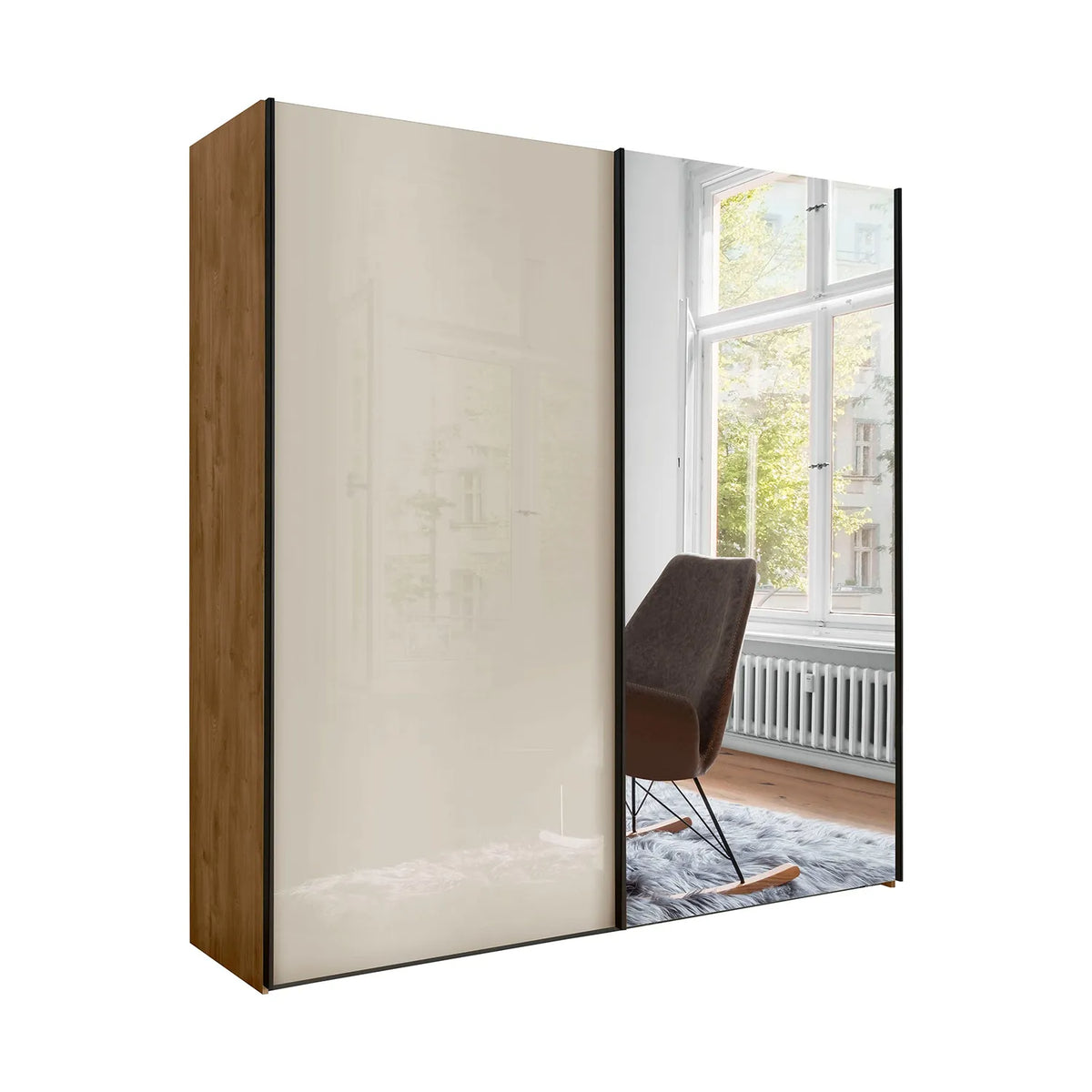 Monaco 3000 Bianco Oak Champagne 2 Door Sliding Wardrobe with Mirror 