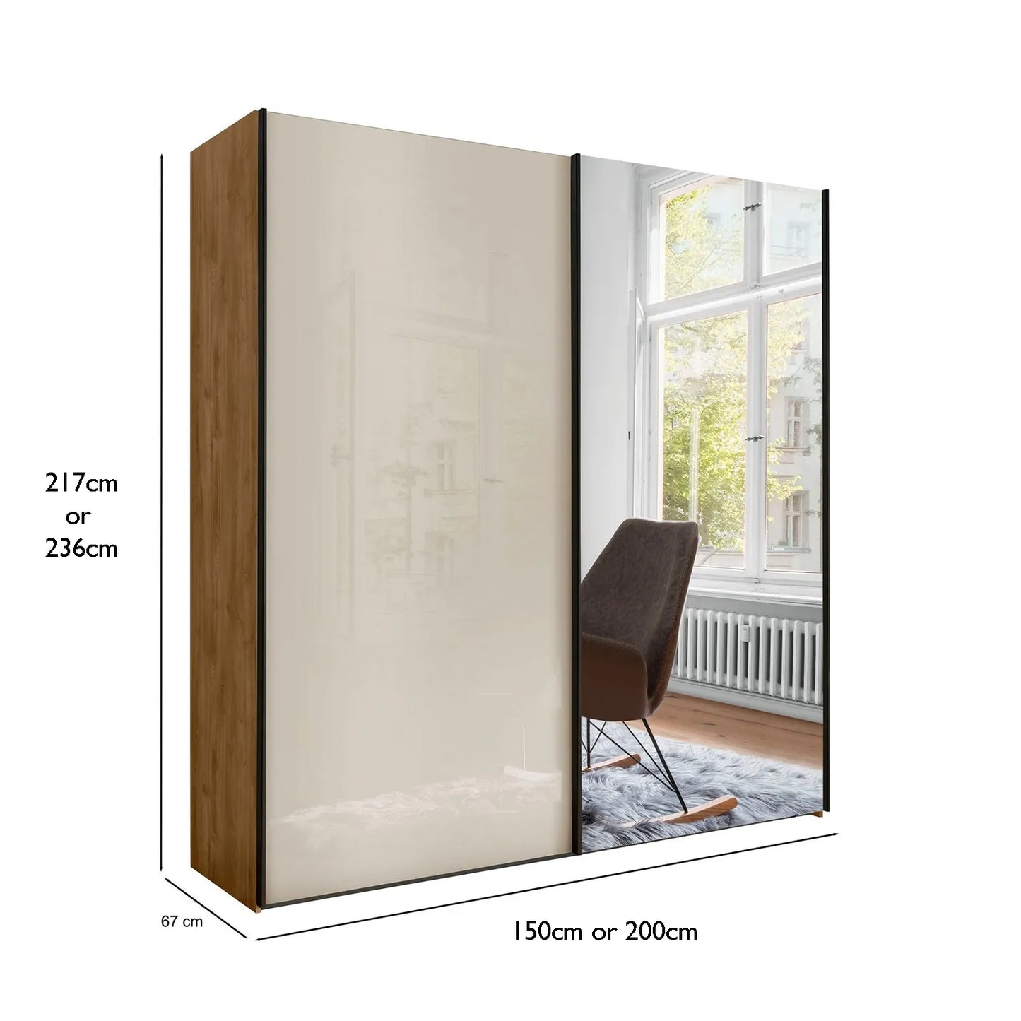 Monaco 3000 Bianco Oak Champagne 2 Door Sliding Wardrobe  with Mirror - Dimensions 