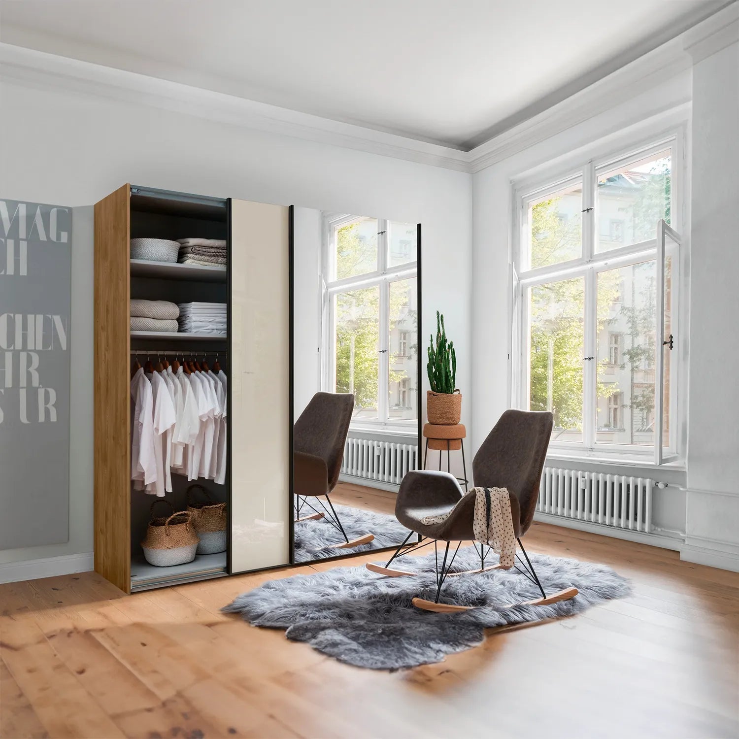 Monaco 3000 Bianco Oak Champagne 2 Door Sliding Wardrobe with Mirror showing interior of wardrobe - Lifestyle Image 