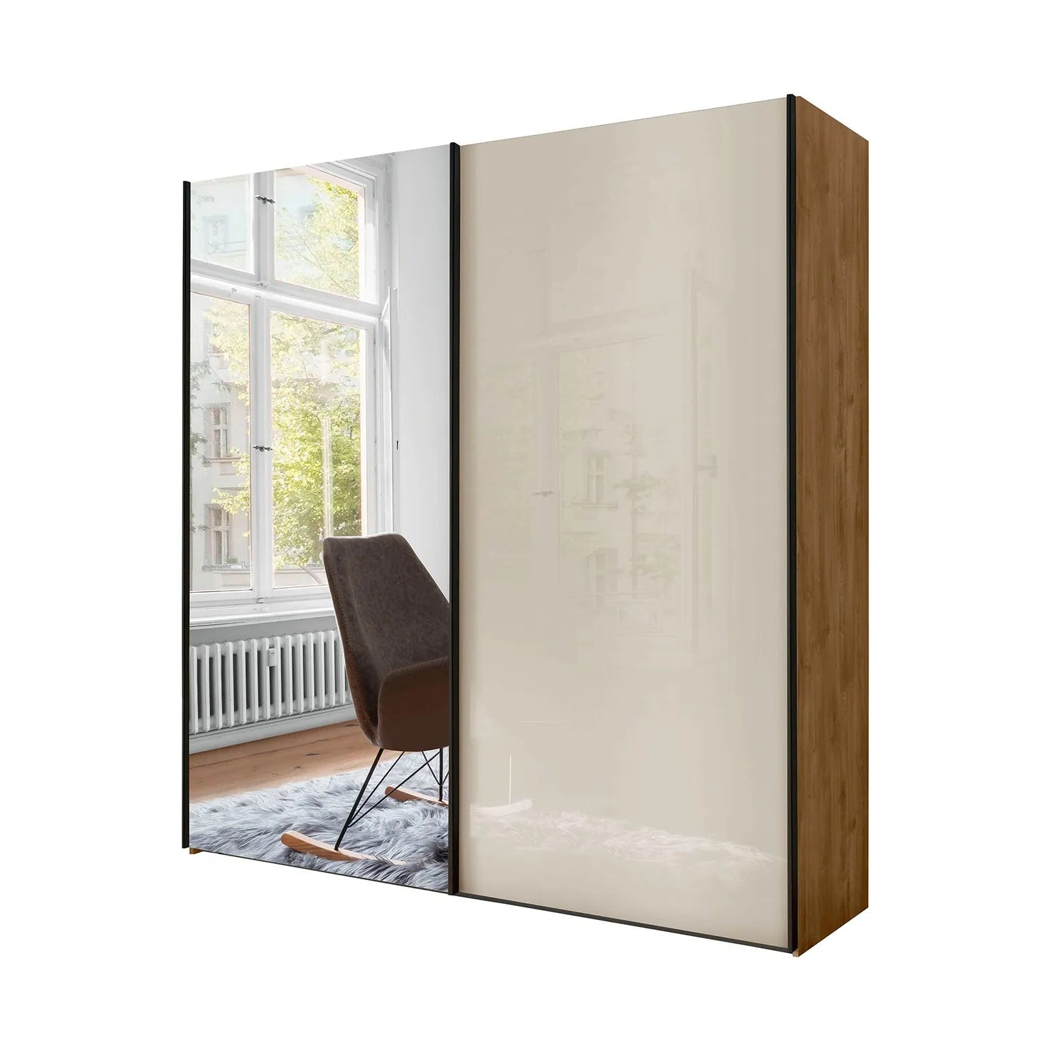 Monaco 3000 Bianco Oak Champagne Glass 2 Door Sliding Wardrobe - Left Facing Mirrored Door 