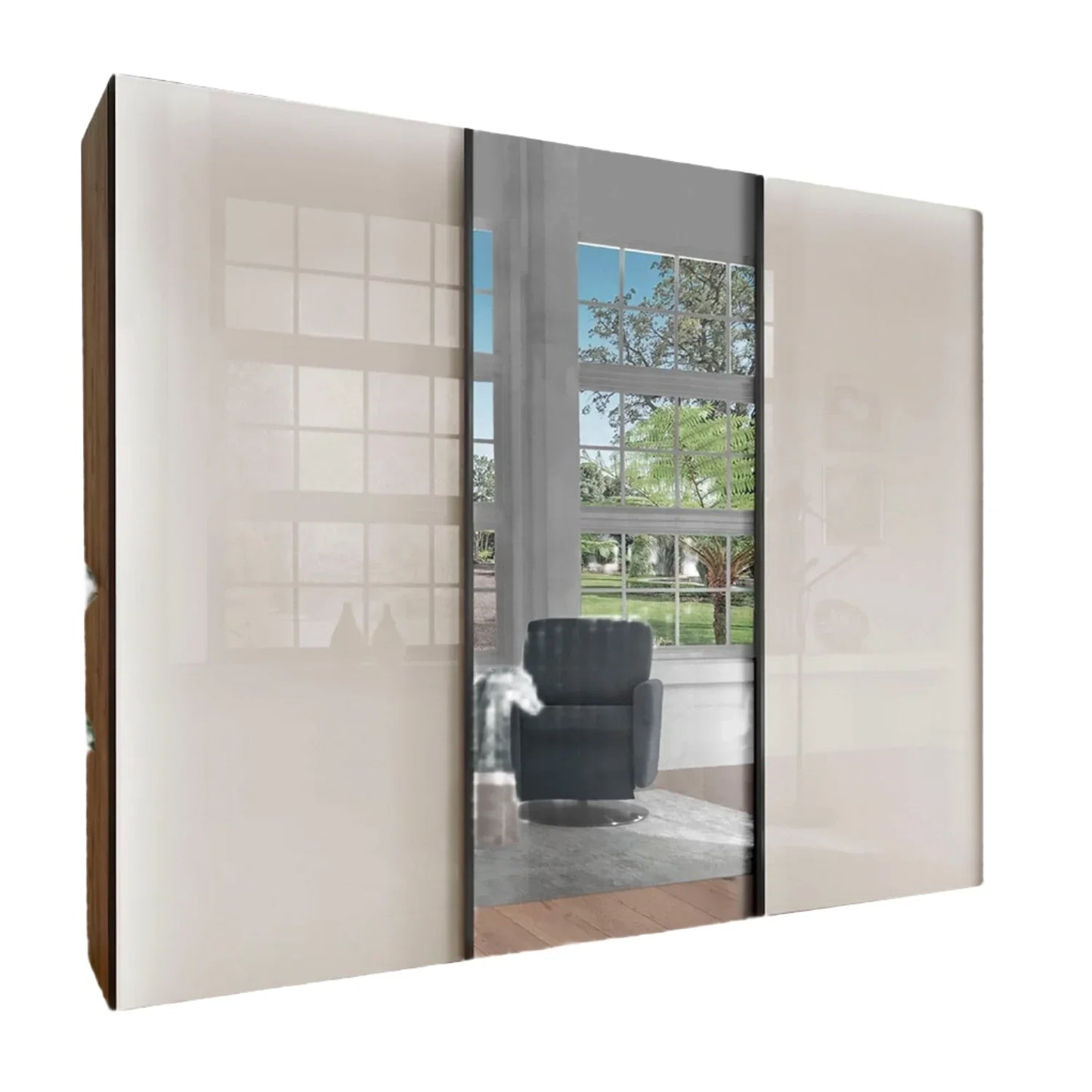 Monaco 3000 Bianco Oak Champagne Glass Triple Sliding Door Wardrobe with Mirror 