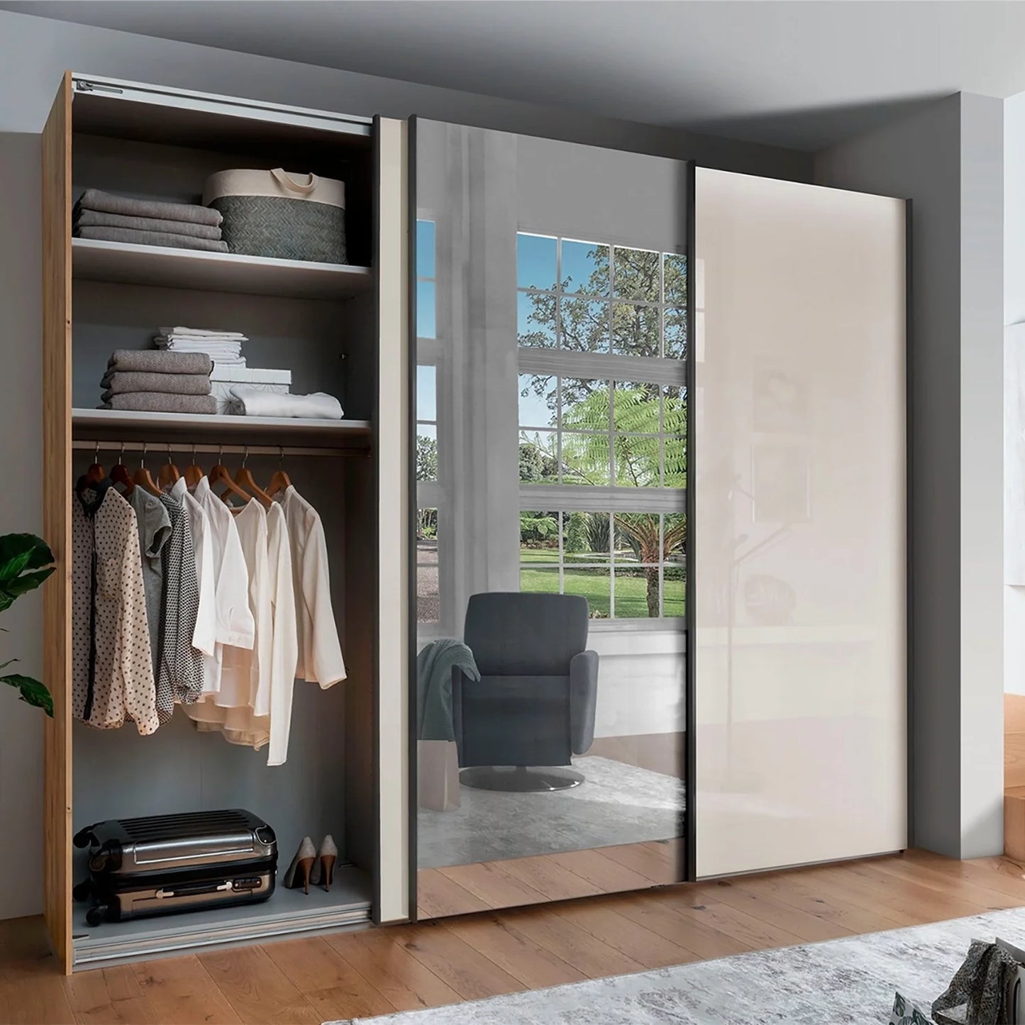 Monaco 3000 Bianco Oak Champagne Glass Triple Sliding Door Wardrobe with Mirror 