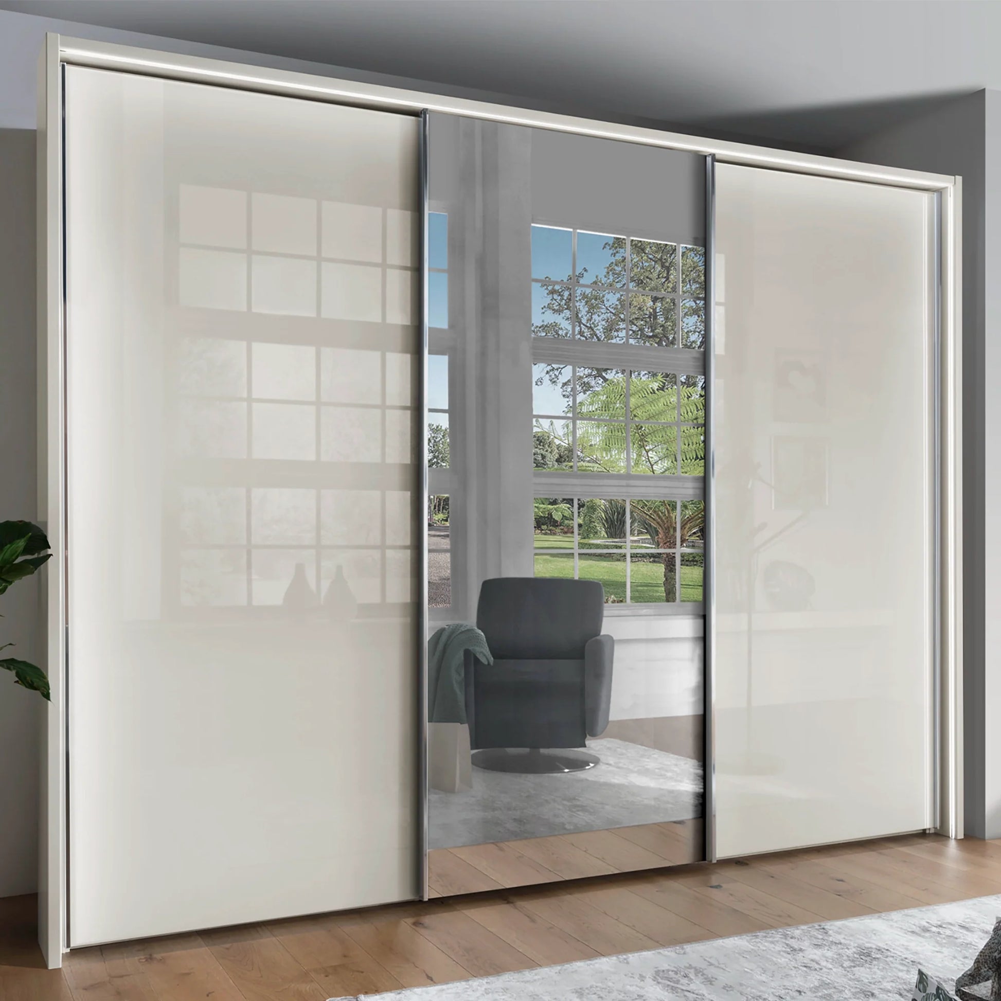 Monaco 3000 Bianco Oak Champagne Glass Triple Sliding Door Wardrobe with Mirror