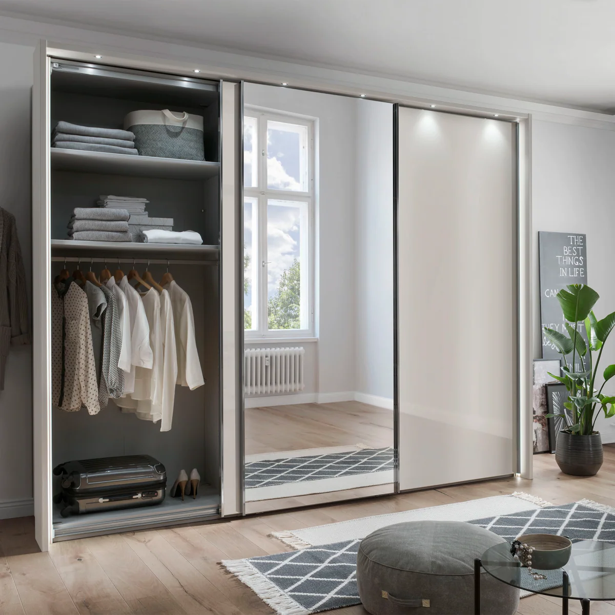 Monaco 3000 Bianco Oak Champagne Glass Triple Sliding Door Wardrobe with Mirror