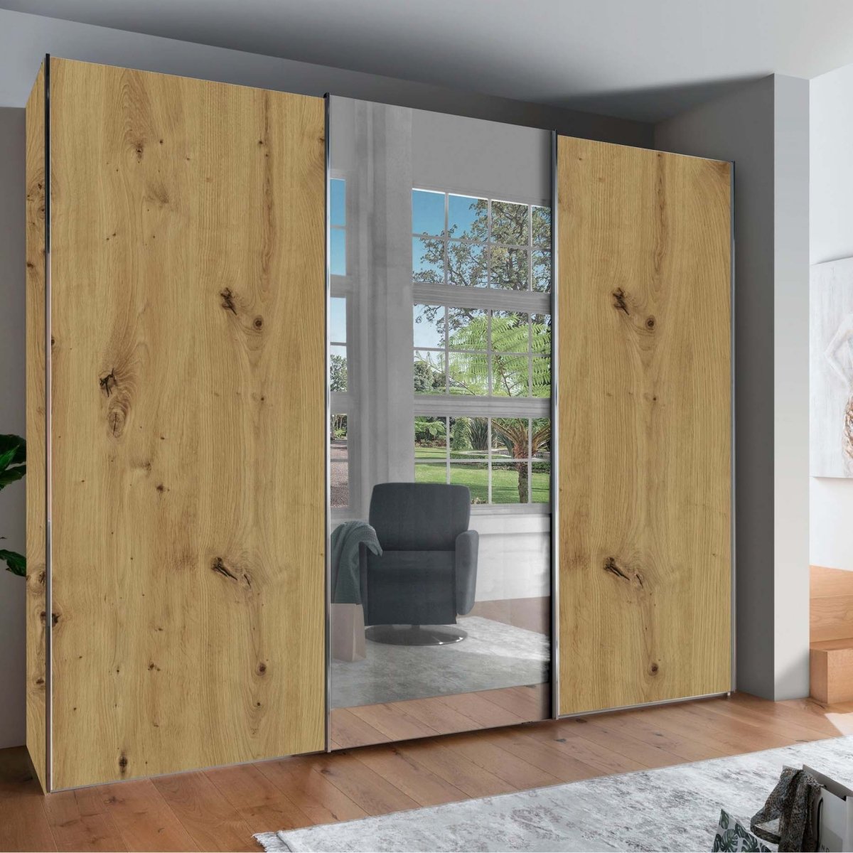 Monaco 3000 Bianco Oak Large Sliding Door Wardrobe with Mirror 