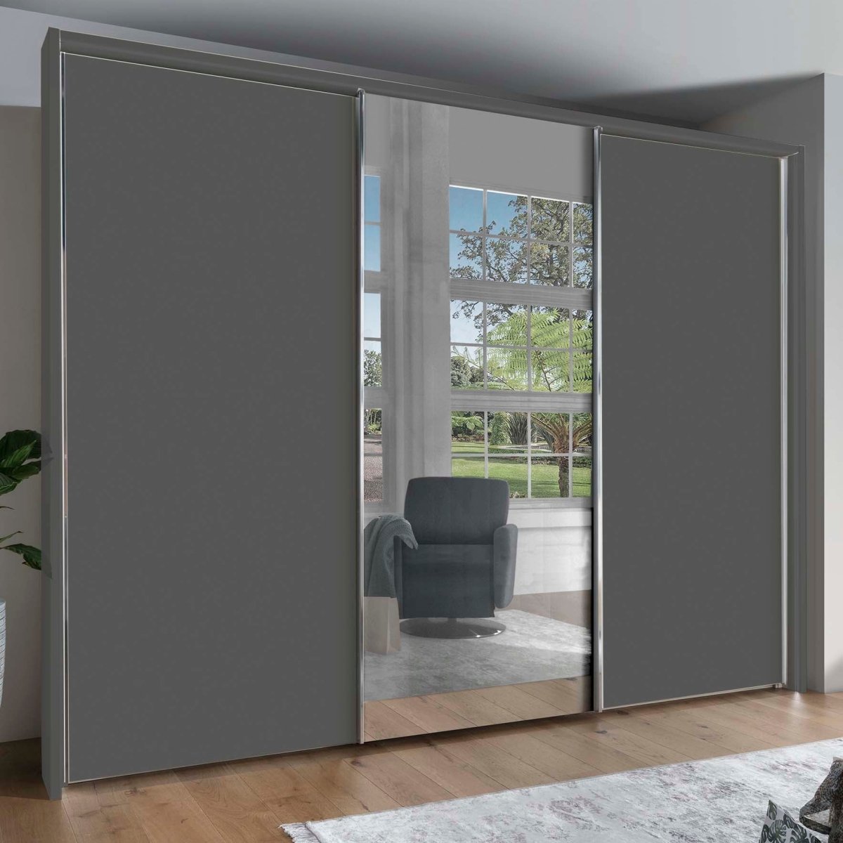Monaco 3000 Graphite Decor Large Sliding Door Wardrobe with Mirror 