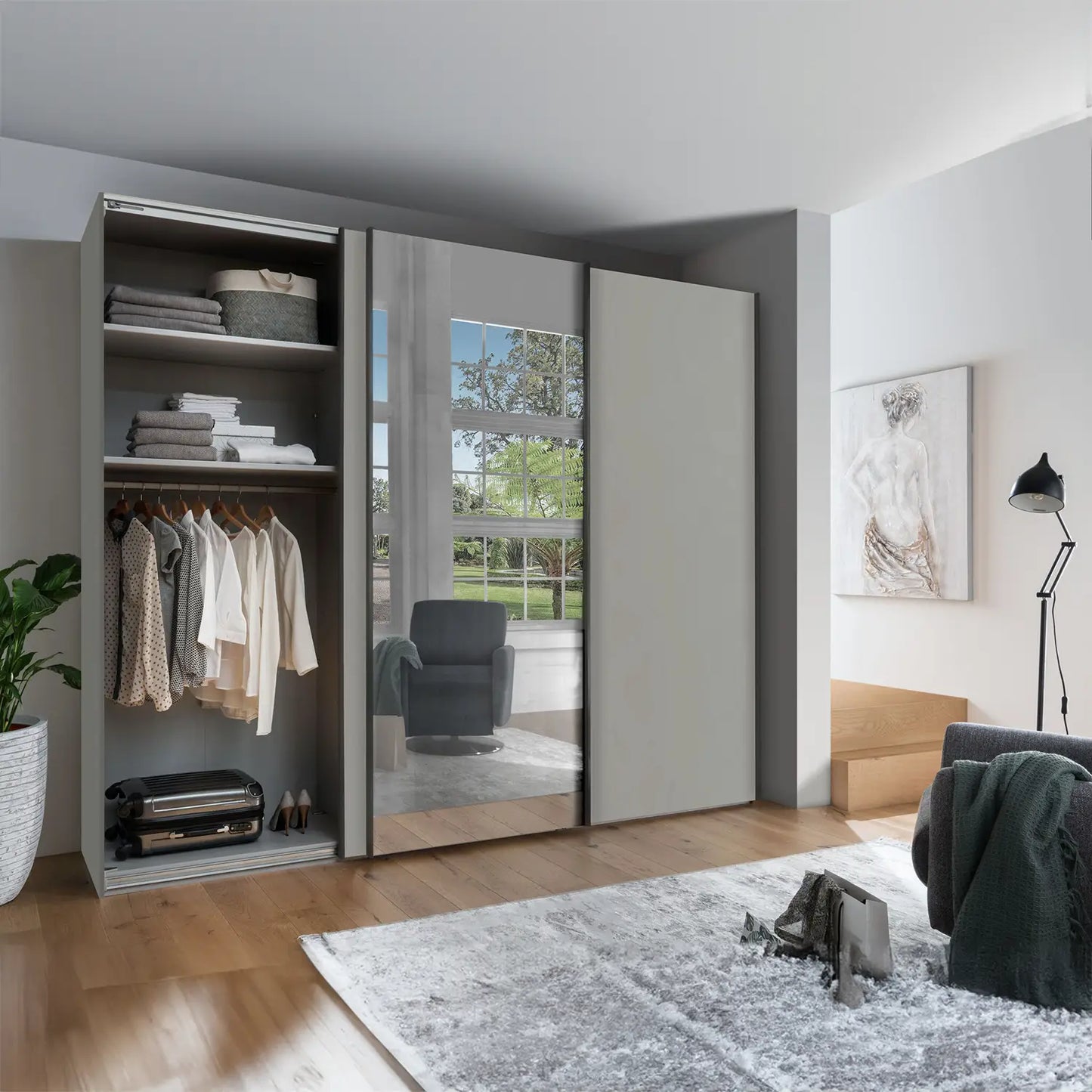 Monaco 3000 Pebble Grey Decor Large Sliding Door Wardrobe with Mirror