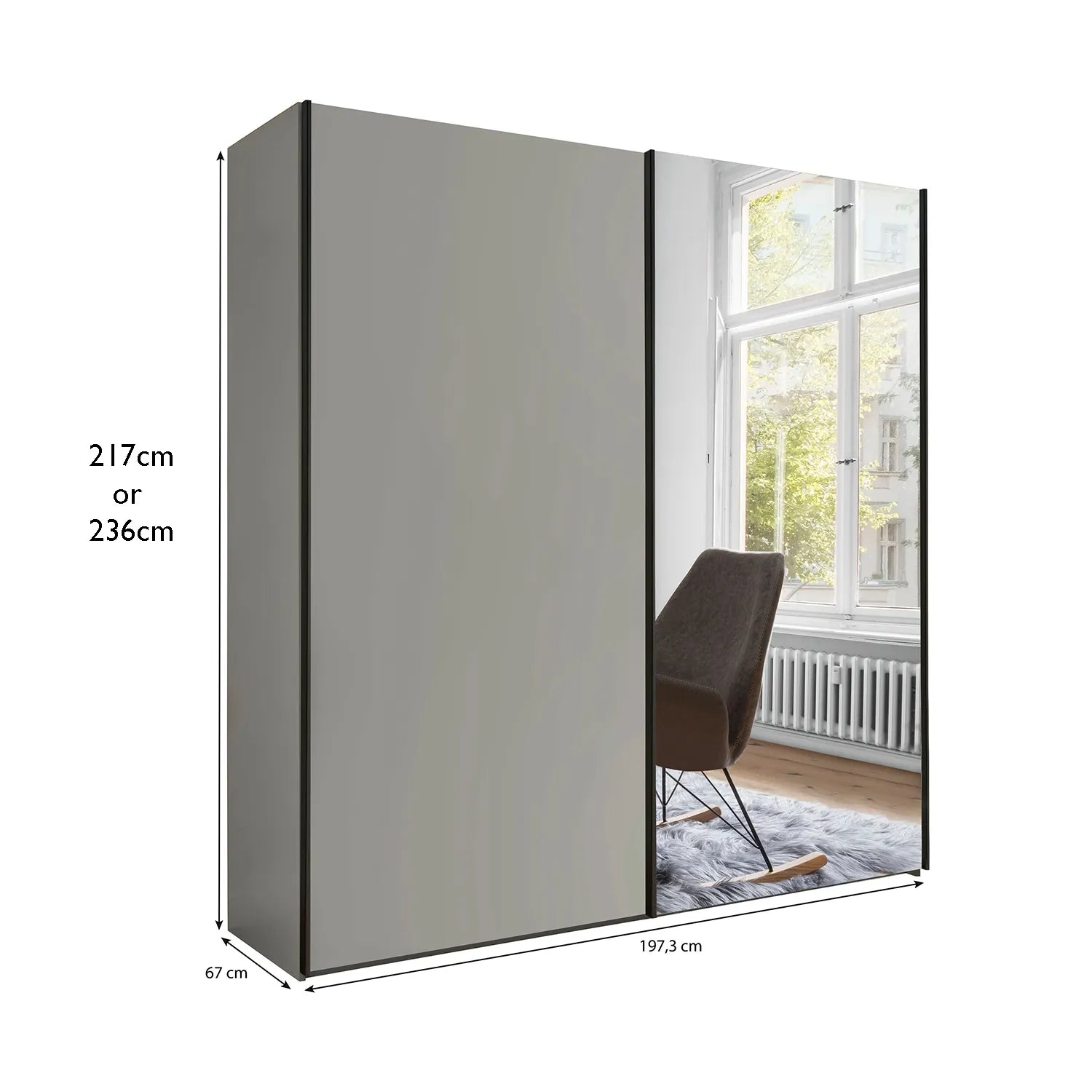 Monaco 3000 Pebble Grey Glass & Mirror 2 Door Sliding Wardrobe 