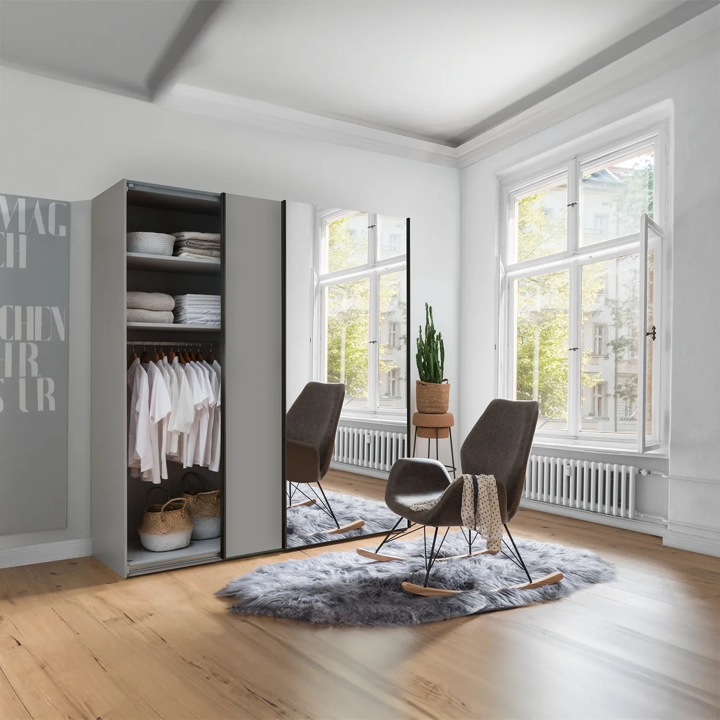 Monaco 3000 Pebble Grey Glass & Mirror 2 Door Sliding Wardrobe 