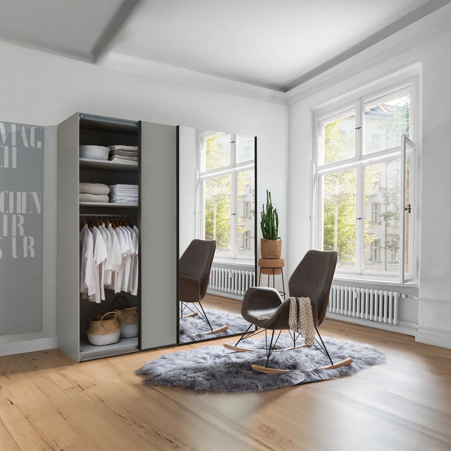 Monaco 3000 Pebble Grey Glass & Mirror 2 Door Sliding Wardrobe 