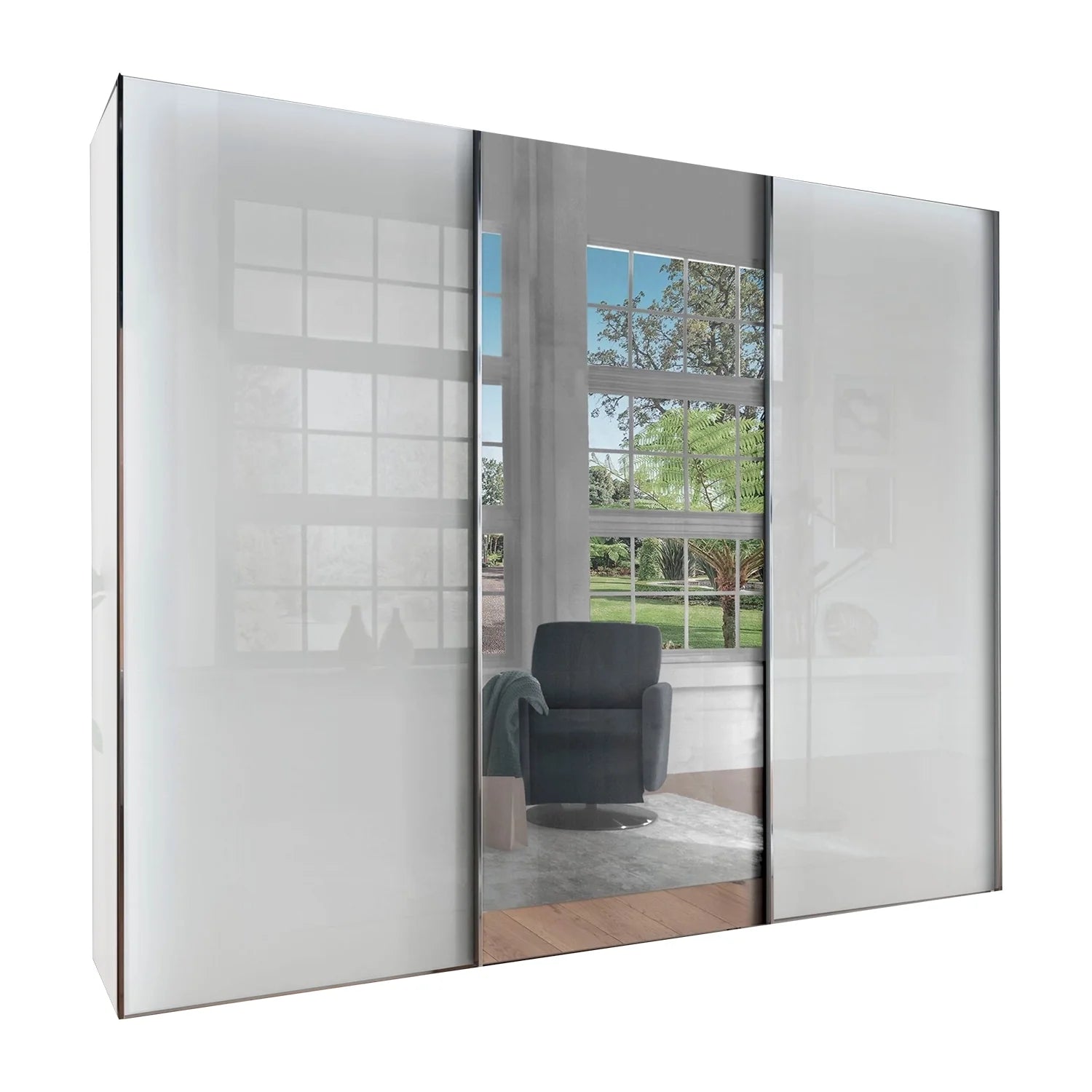 Monaco 3000 White Glass Large Sliding Door Wardrobe with Mirror 