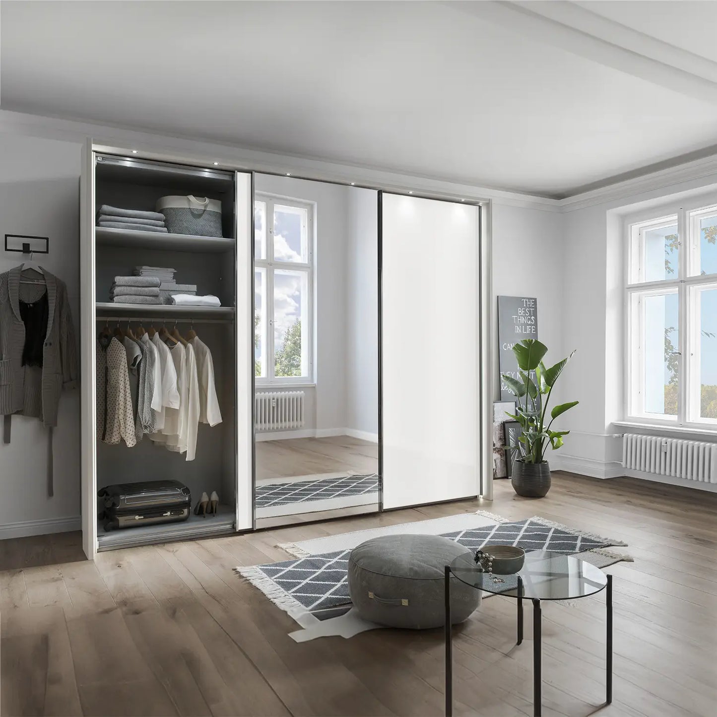 Monaco 3000 White Glass Large Sliding Door Wardrobe with Mirror 