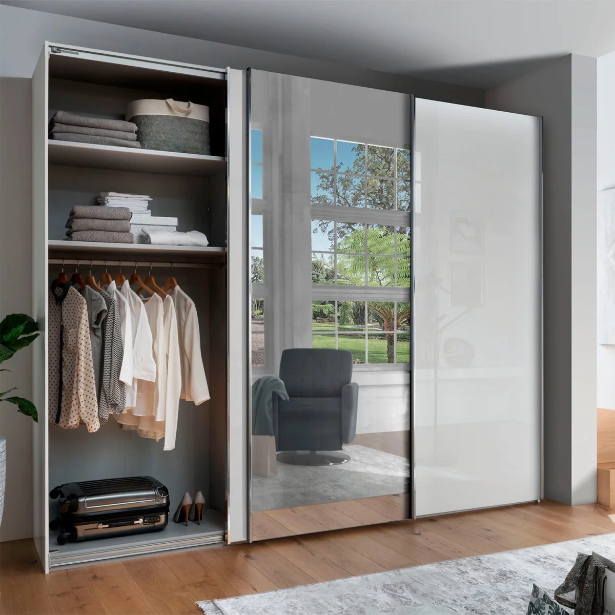 Monaco 3000 White Glass Large Sliding Door Wardrobe with Mirror 