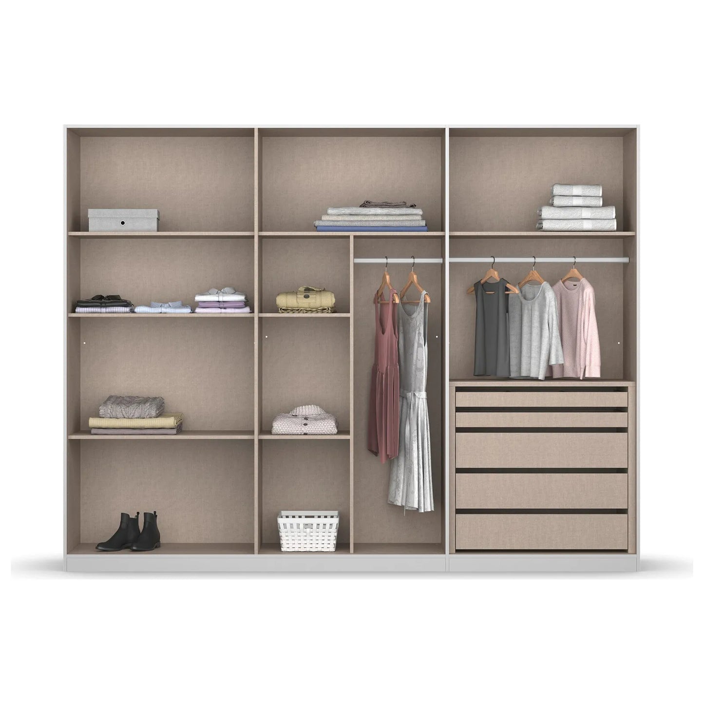 Novus 6 Door Glass Hinged Wardrobe in White - 271cm - Premium Interior View Styled in a Living Room