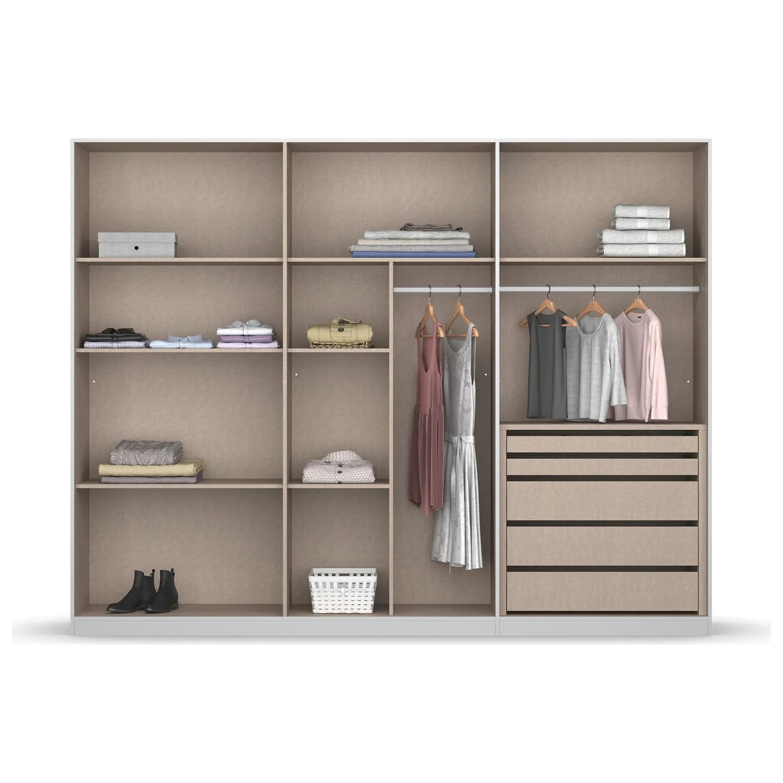 Novus 6 Door Glass Hinged Wardrobe in White - 271cm - Premium Interior View Styled in a Living Room