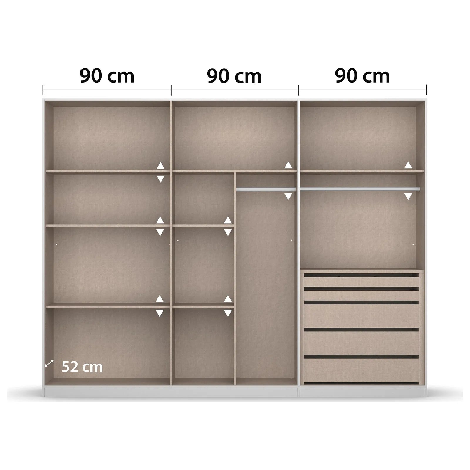 Novus 6 Door Glass Hinged Wardrobe - 271cm - Premium Interior View With Dimensions