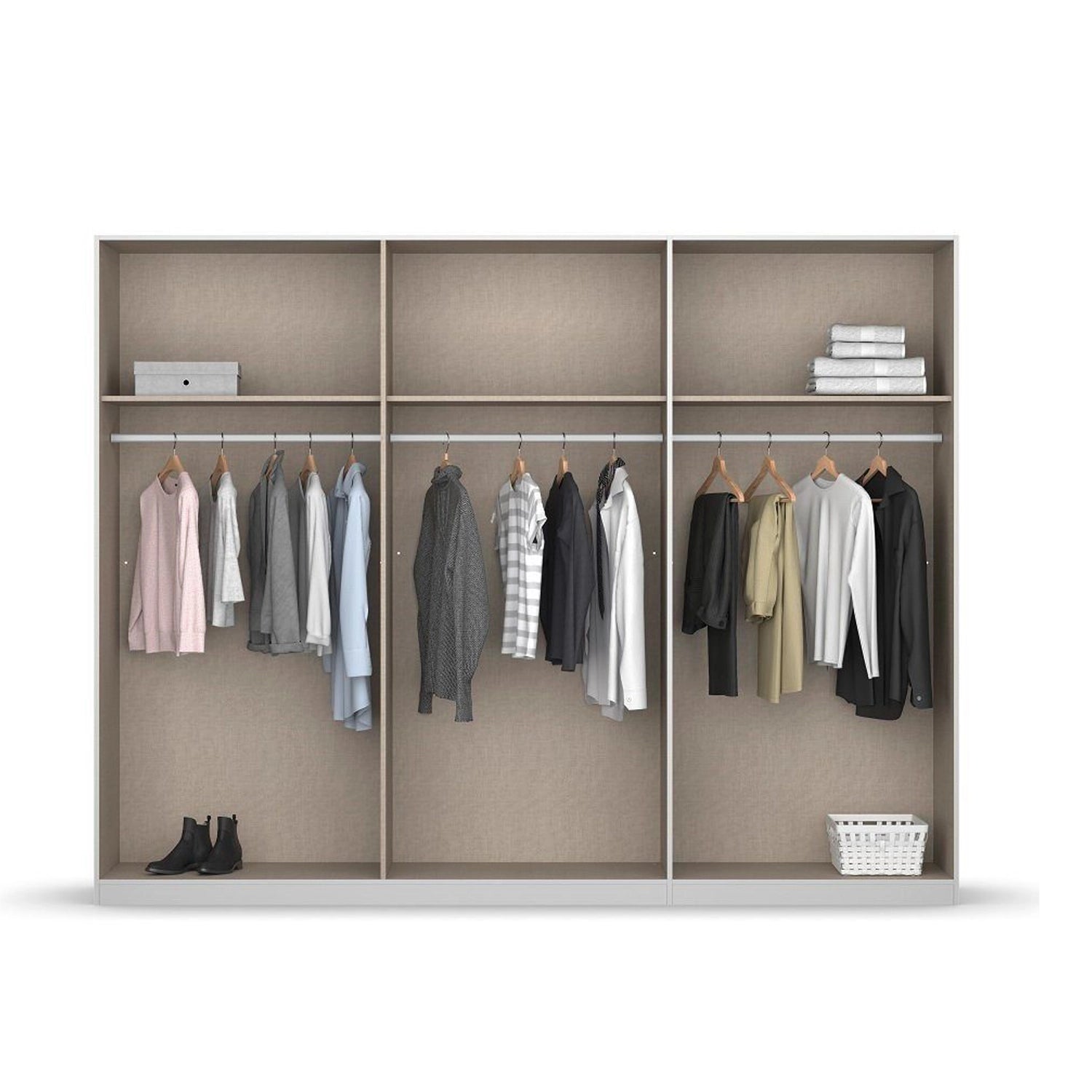 Novus 6 Door Glass Hinged Wardrobe - 271cm - Standard Interior View Styled in a Living Room