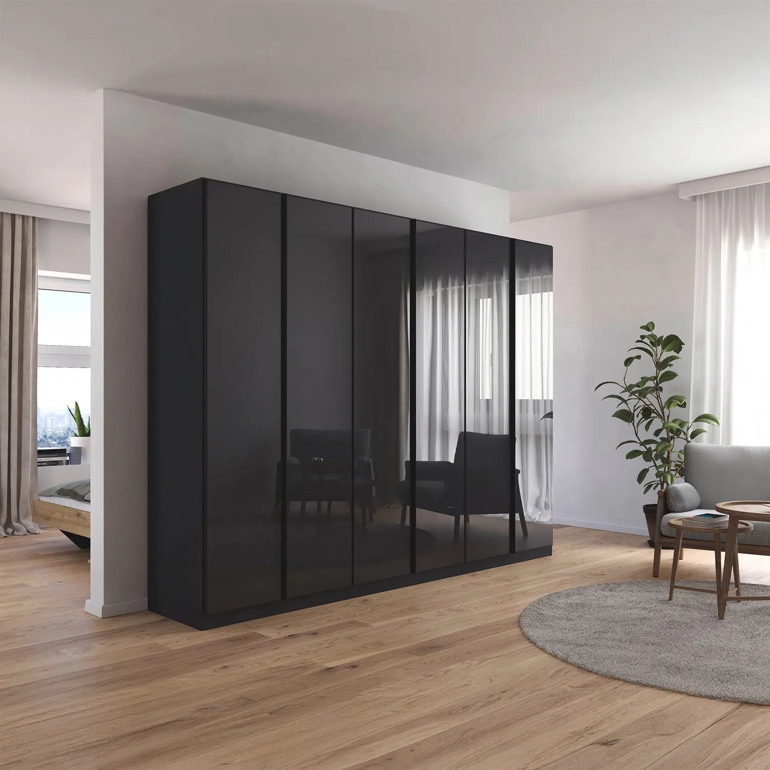 Novus 6 Door Glass Hinged Wardrobe in Basalt - 271cm - Styled in a Bedroom