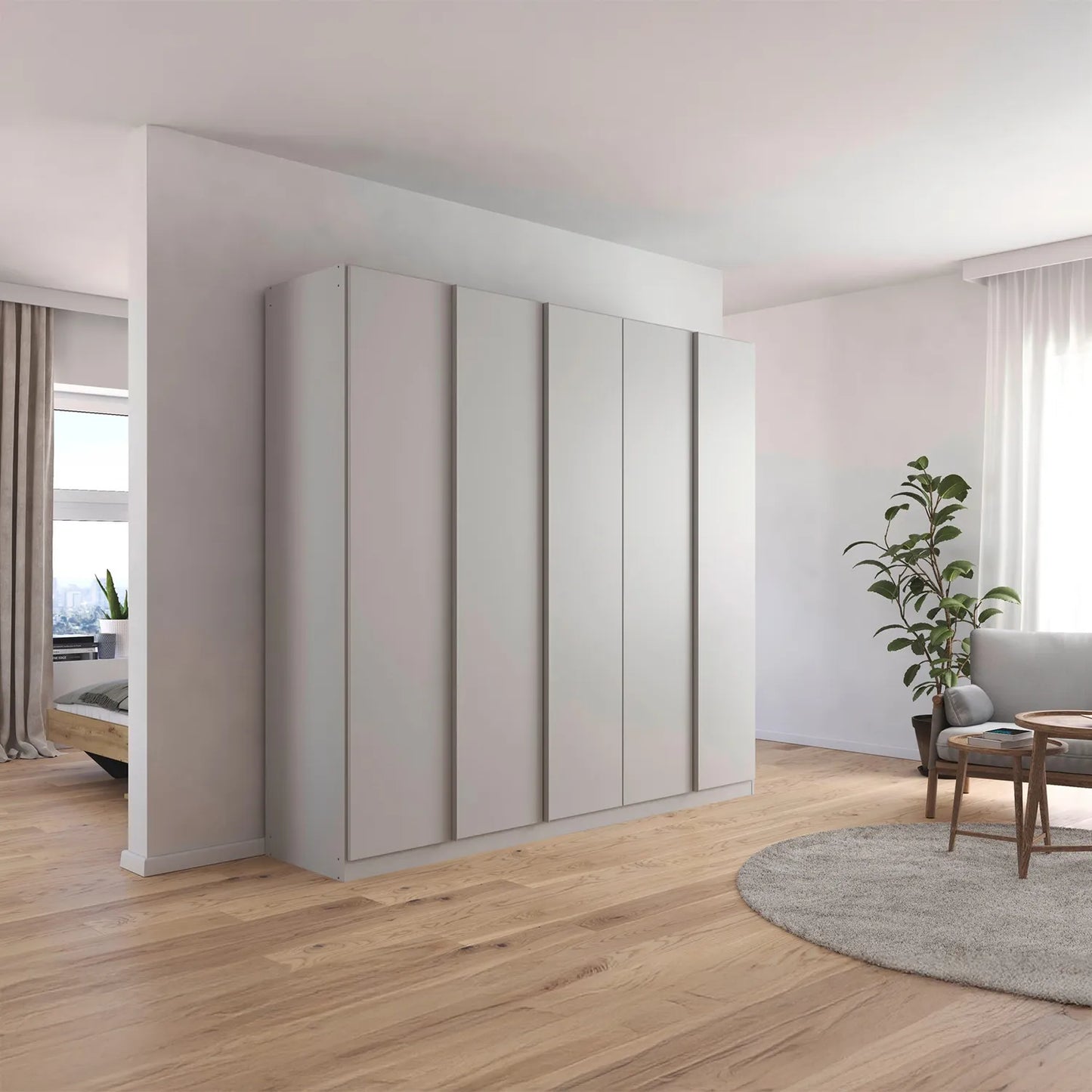 Novus 5 Door Decor Hinged Wardrobe in Silk Grey - 226cm - Styled in a Bedroom