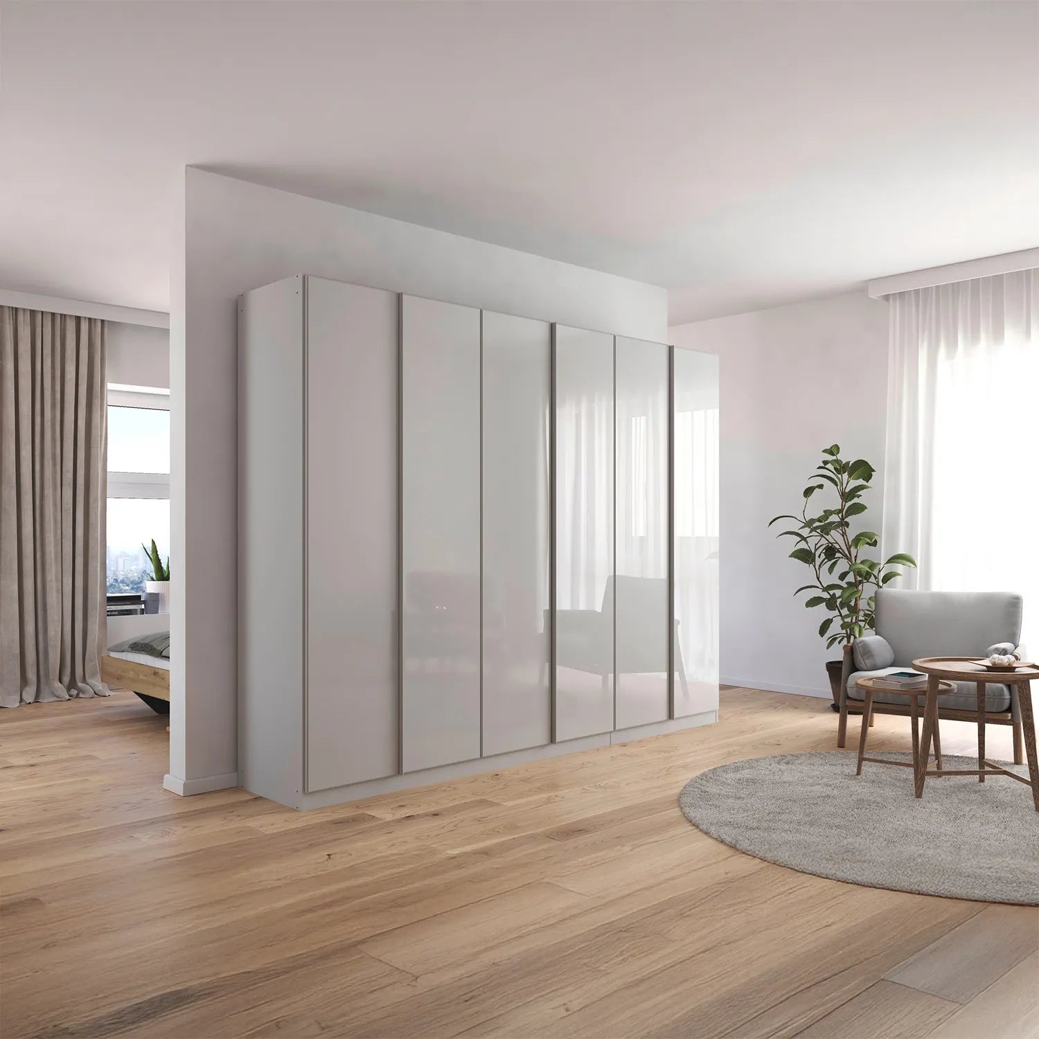 Novus 6 Door Glass Hinged Wardrobe in  Silk Grey - 271cm - Styled in a Bedroom