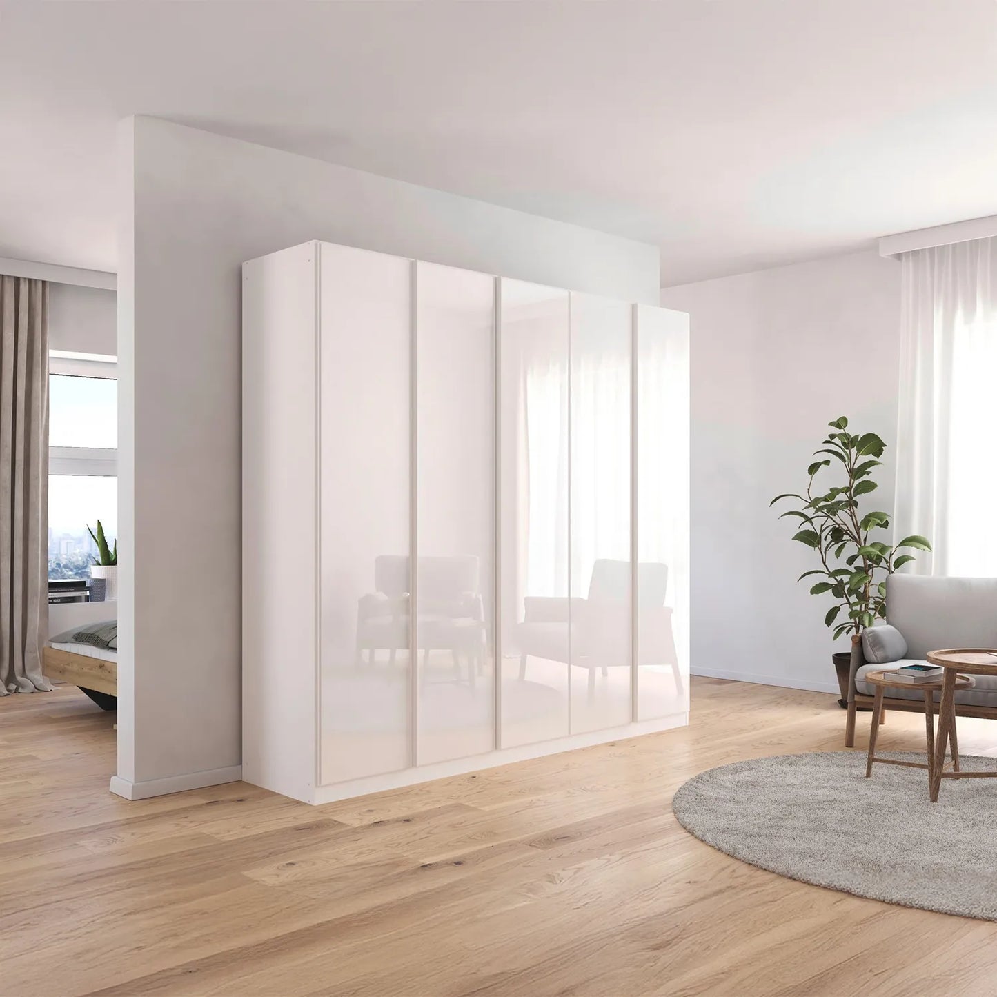 Novus 5 Door Glass Hinged Wardrobe in White - 226cm - Styled in a Bedroom