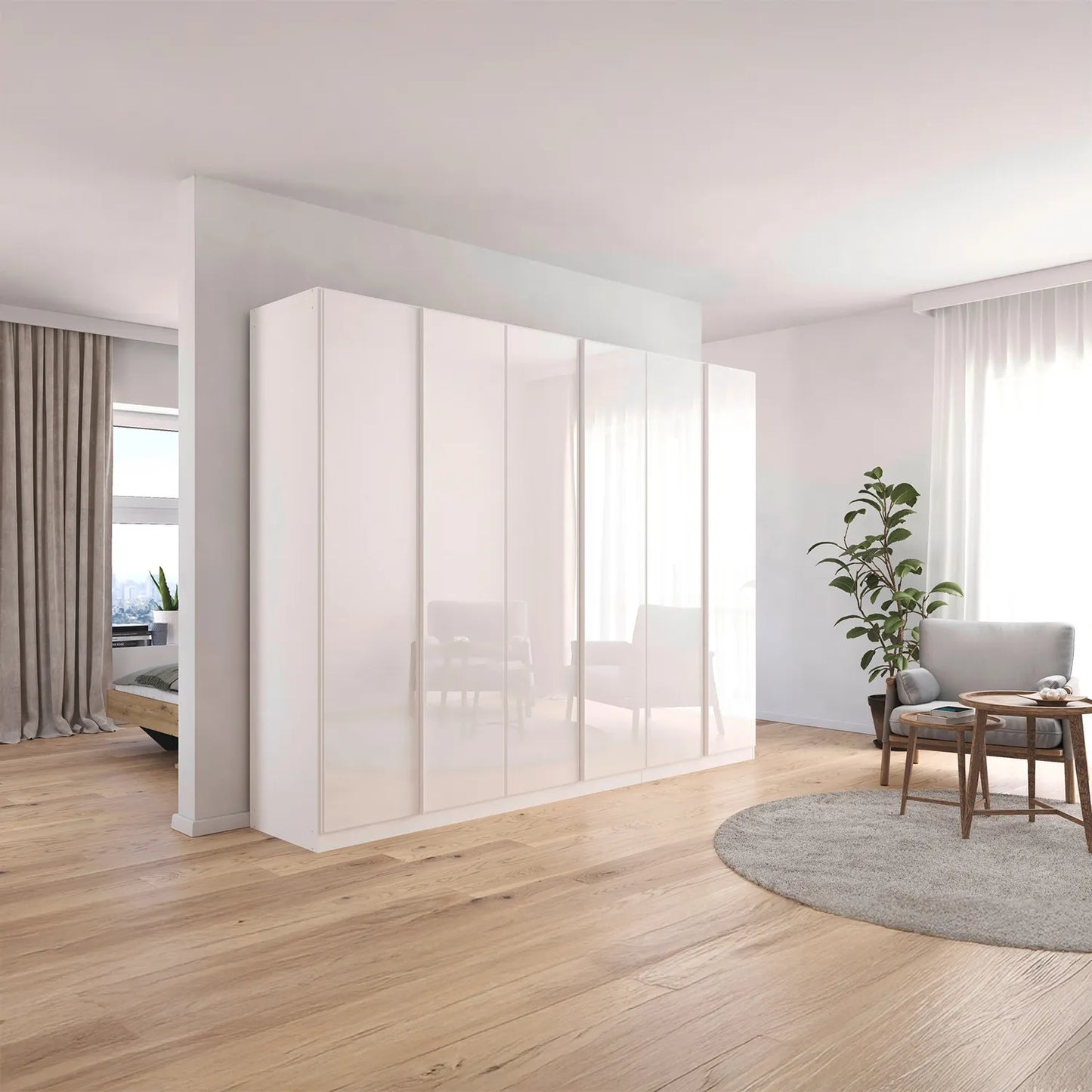 Novus 6 Door Glass Hinged Wardrobe in White - 271cm - Styled in a Bedroom